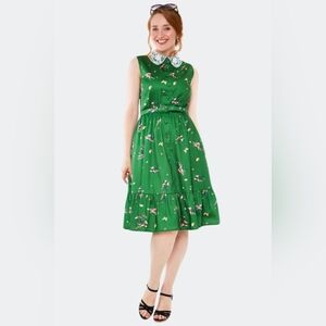 Voodoo Vixen Green Floral Sleeveless Flare Dress with Belt